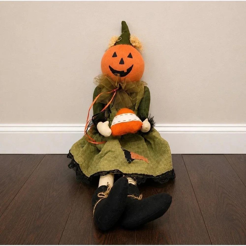 Vintage Style Halloween Pumpkin Head Shelf Sitter Doll Candy Corn Decor 20in